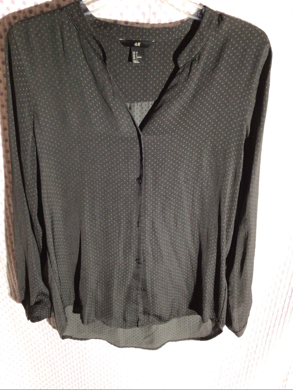 H&M Black Long-Sleeve Button Front Blouse with Tiny Dot Print